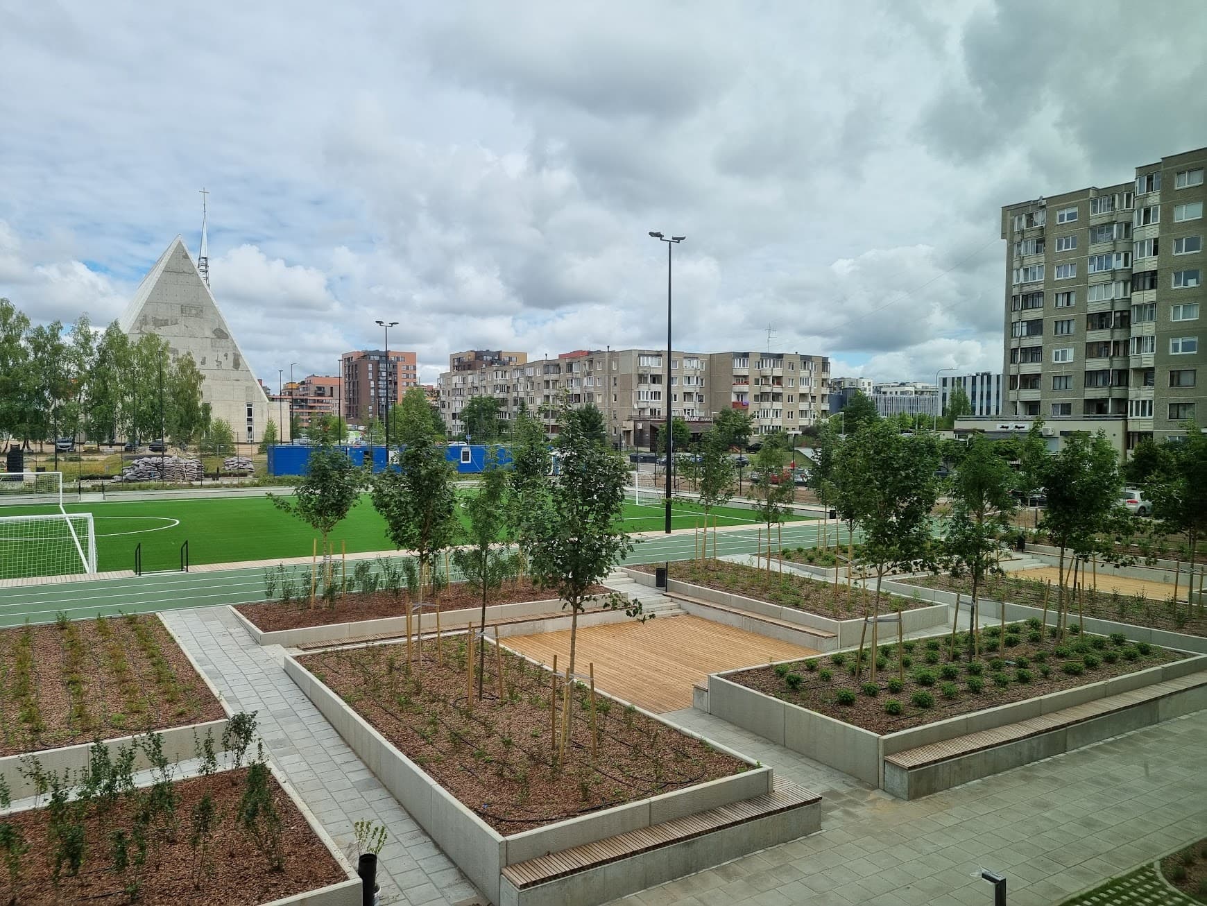 Public space landscaping with irrigation system