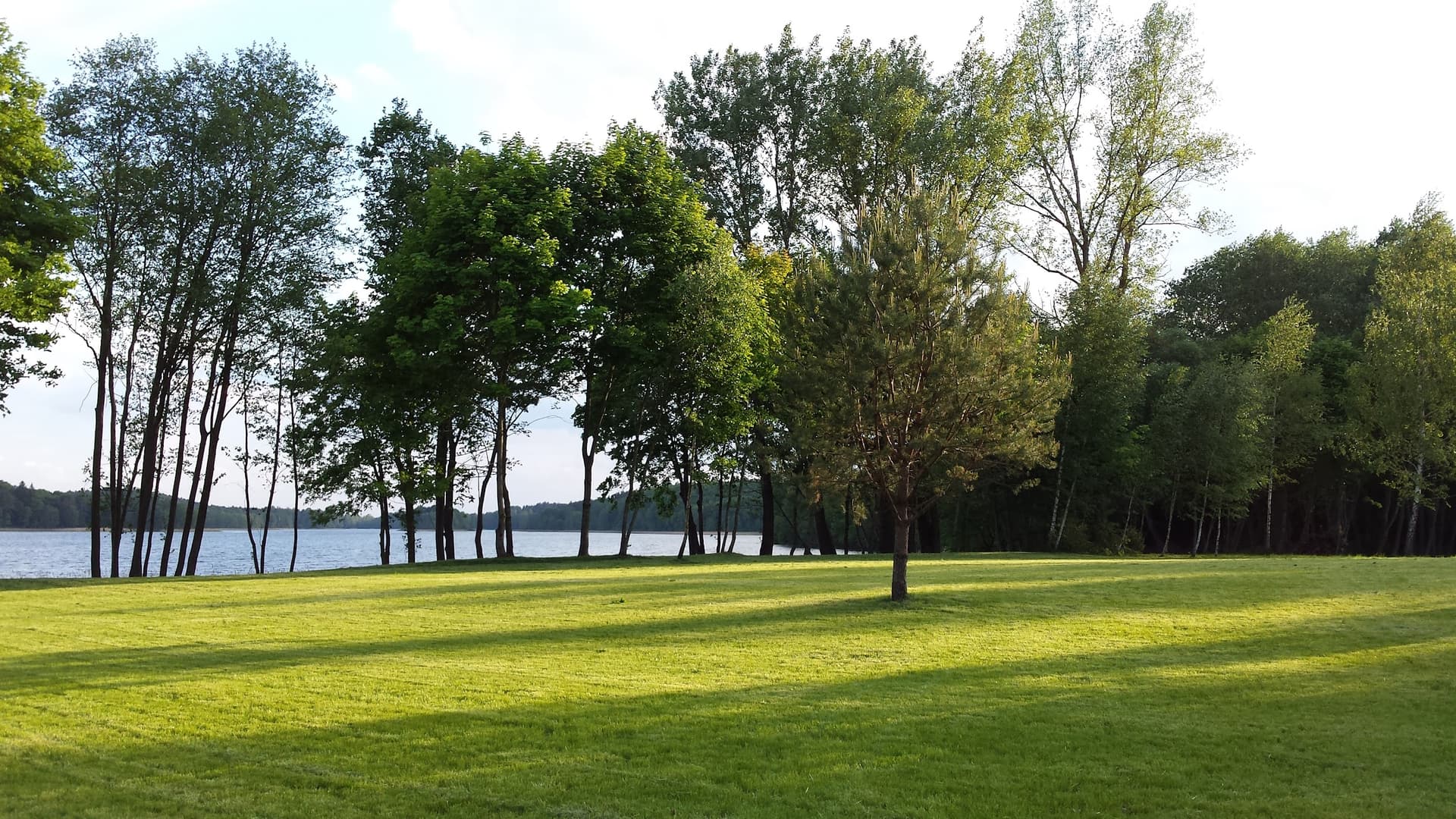 A large lawn beside a lake